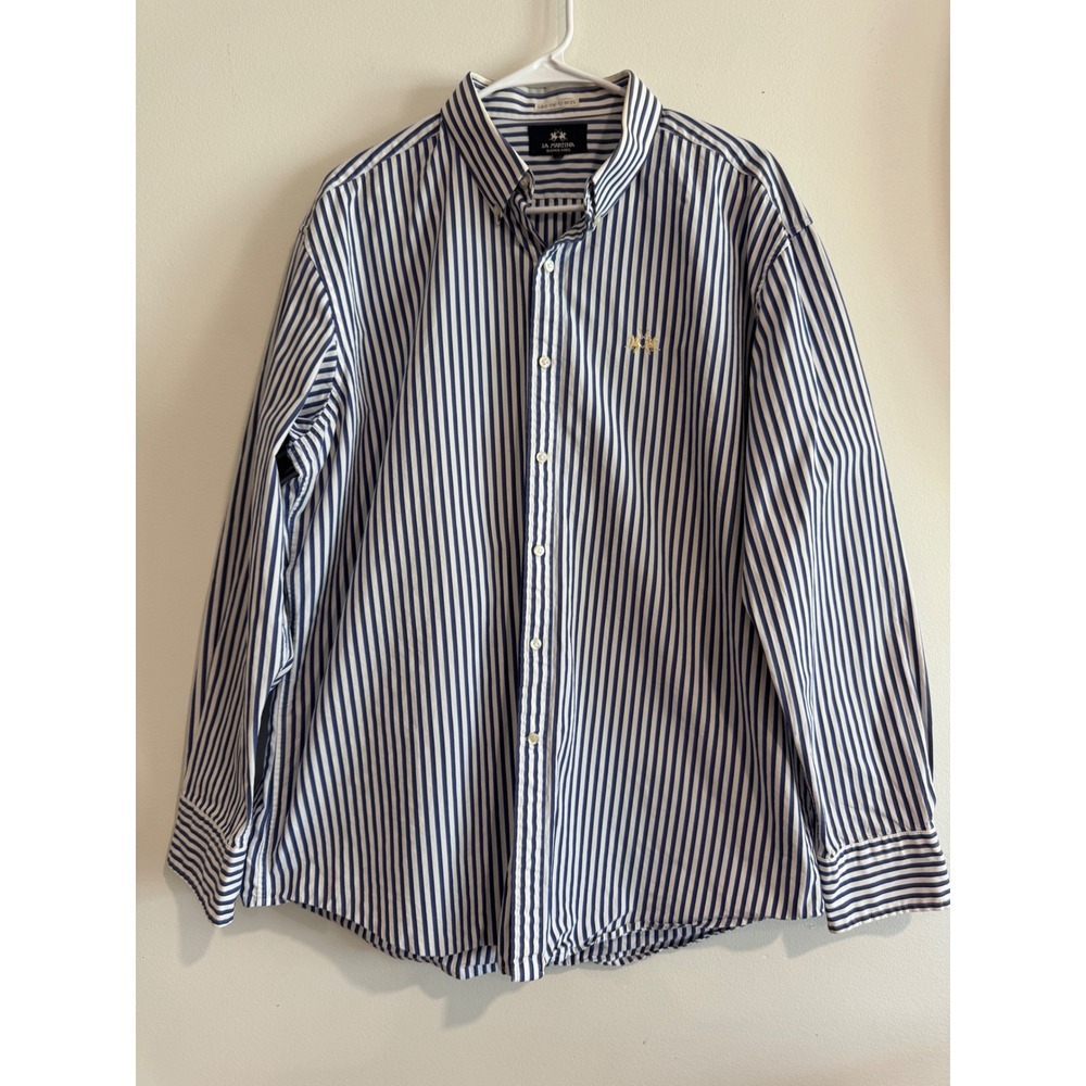 La Martina Striped Button Down Shirt Mens XL Blue White Embroidered‎ Logo